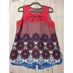 Daniel Rainn Red Blue Geometric Floral Crochet Lace Chiffon Blouse  Med Summer